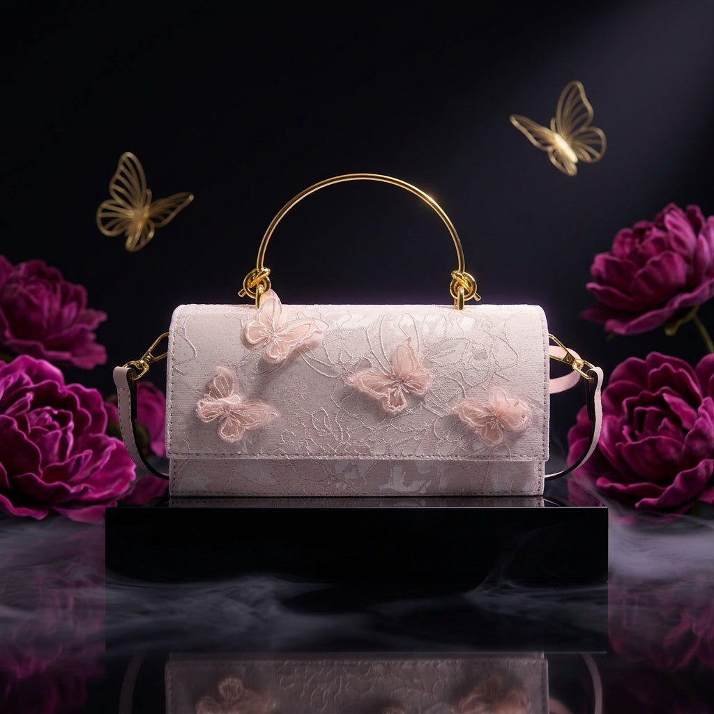 Lace Embroidered Flap Bag for Women | Gold Ring Handle A3