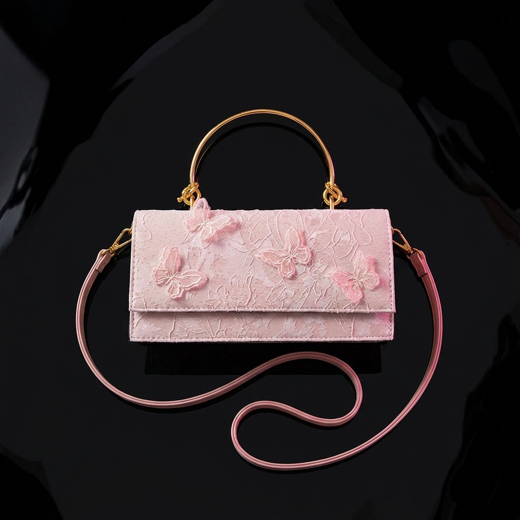 Lace Embroidered Flap Bag for Women | Gold Ring Handle A3