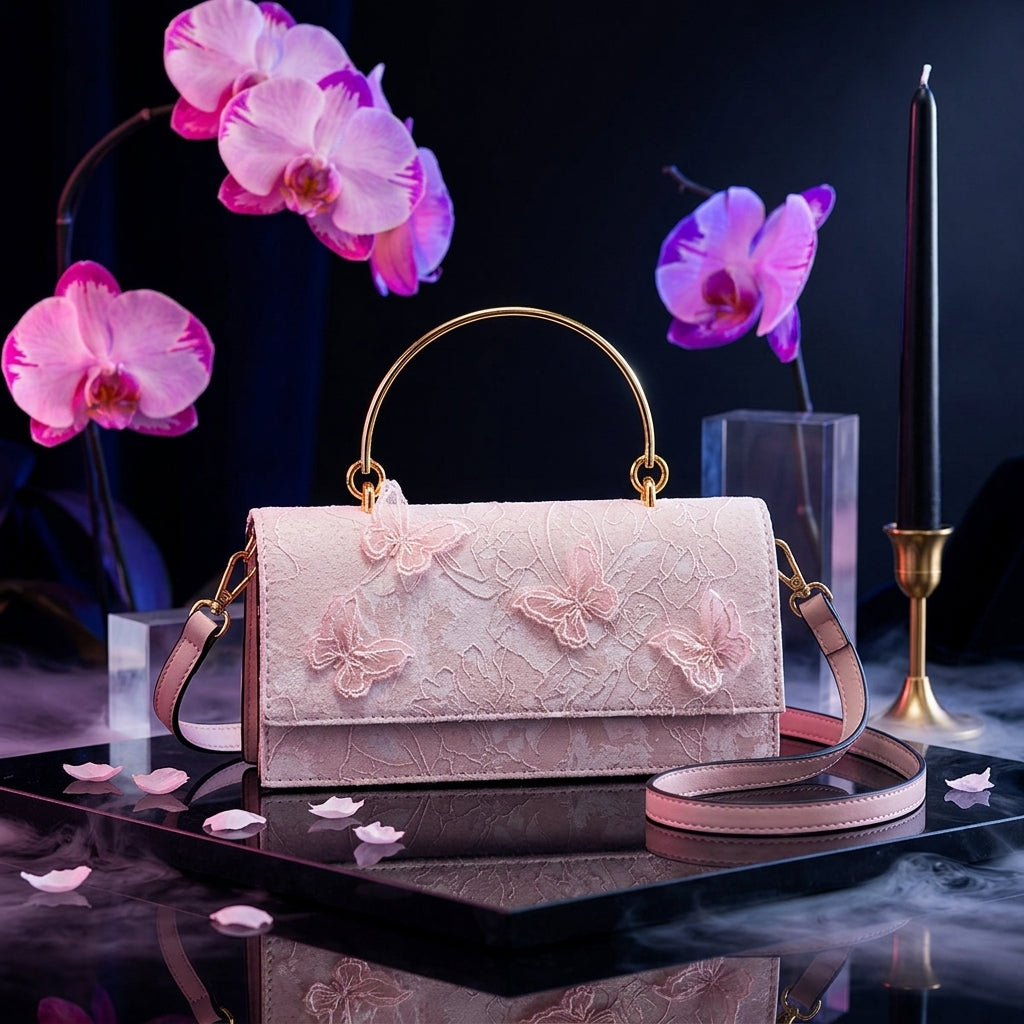Lace Embroidered Flap Bag for Women | Gold Ring Handle A3