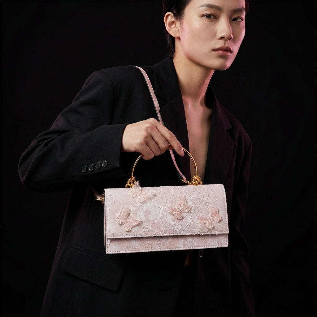 Lace Embroidered Flap Bag for Women | Gold Ring Handle A3