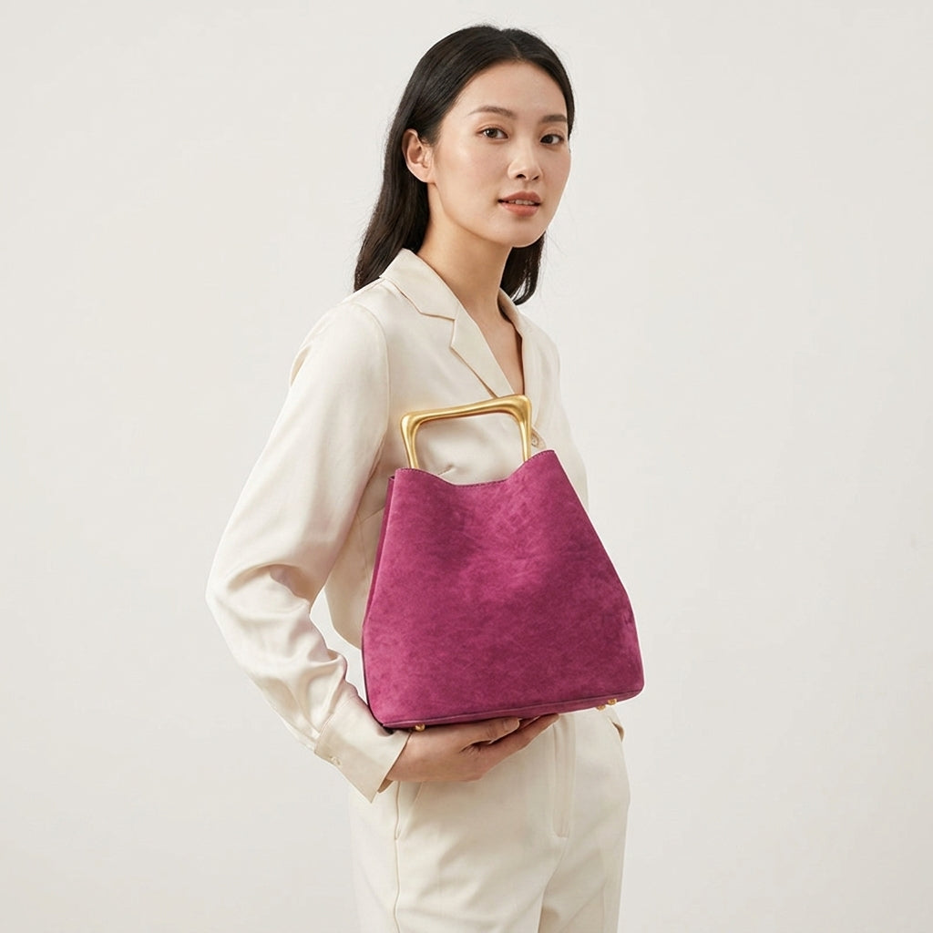 Velvet Bucket Bag for Women | Gold Metal Handle, Magnetic A4