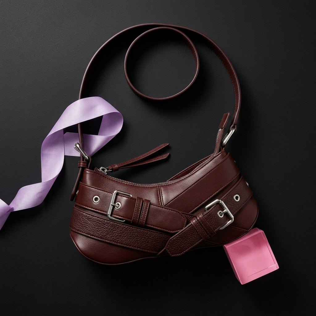 Women's Belt Buckle Shoulder Bag Retro Rivet Underarm Baguette A30