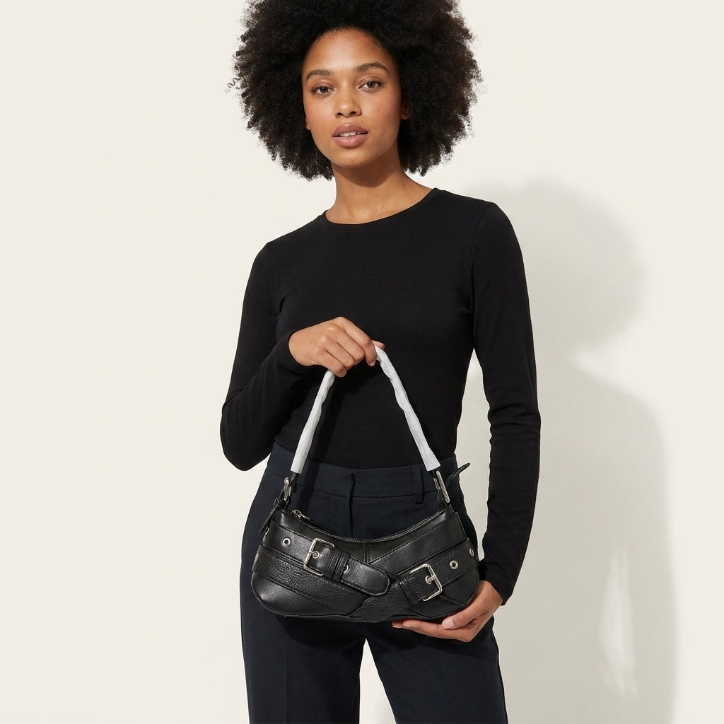 Women's Belt Buckle Shoulder Bag Retro Rivet Underarm Baguette A30