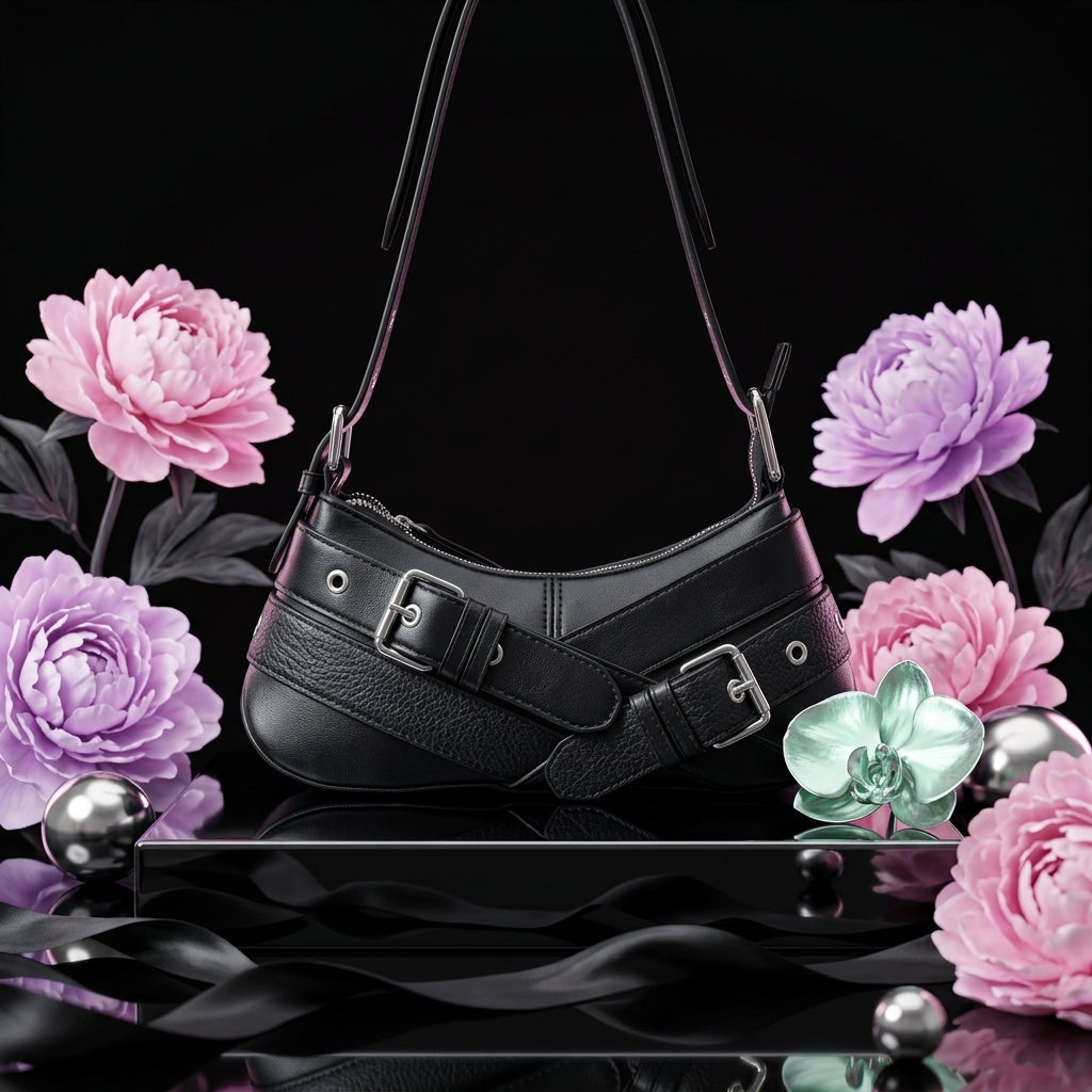 Women's Belt Buckle Shoulder Bag Retro Rivet Underarm Baguette A30