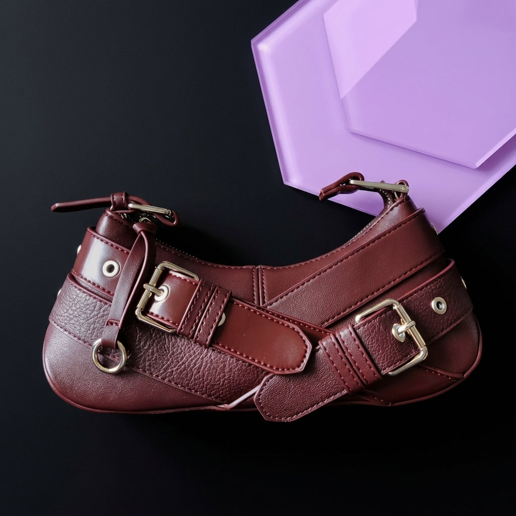 Women's Belt Buckle Shoulder Bag Retro Rivet Underarm Baguette A30