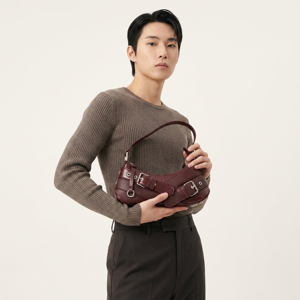 Women's Belt Buckle Shoulder Bag Retro Rivet Underarm Baguette A30