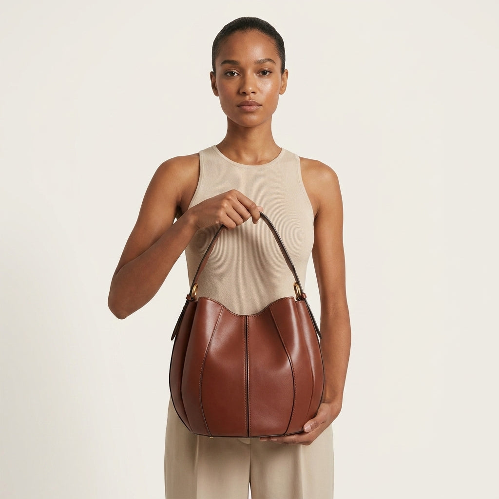Women's Bucket Shoulder Bag Retro Spliced Round Dumpling Tote A29