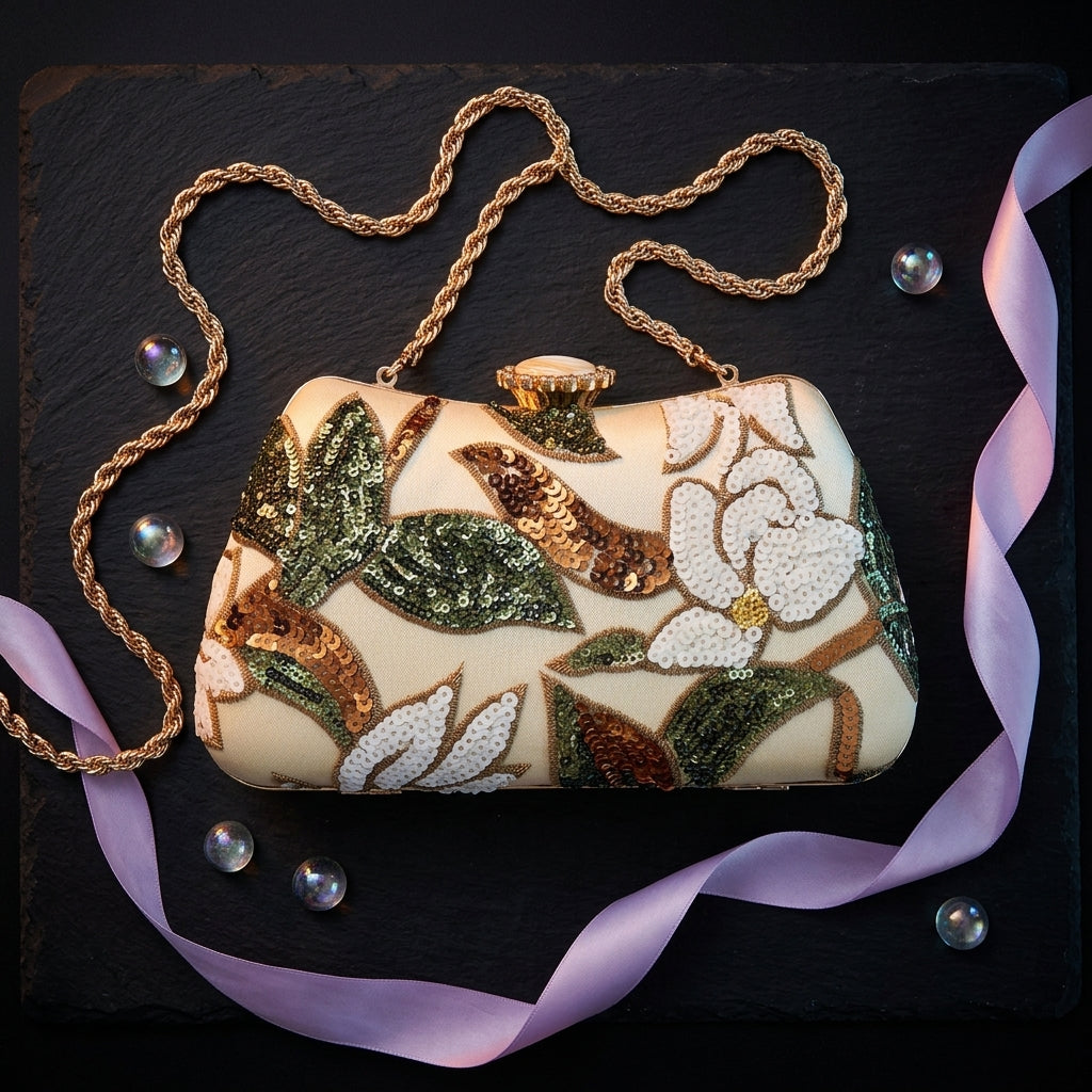 Gold Sequin Clutch Bag for Women | Embroidered Evening Purse A13