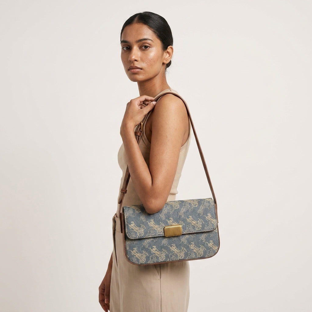 Monogram Shoulder Bag Women | Retro Print PU Baguette Bag A20