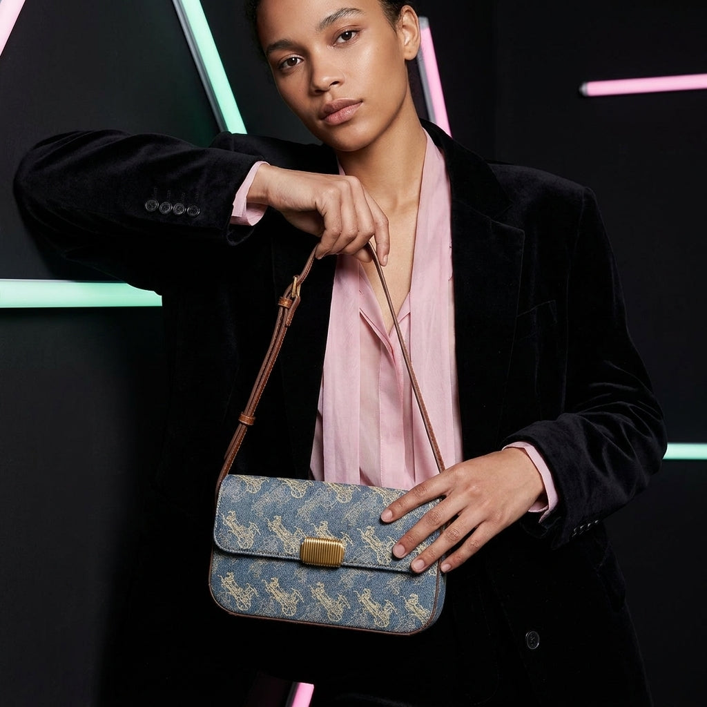 Monogram Shoulder Bag Women | Retro Print PU Baguette Bag A20