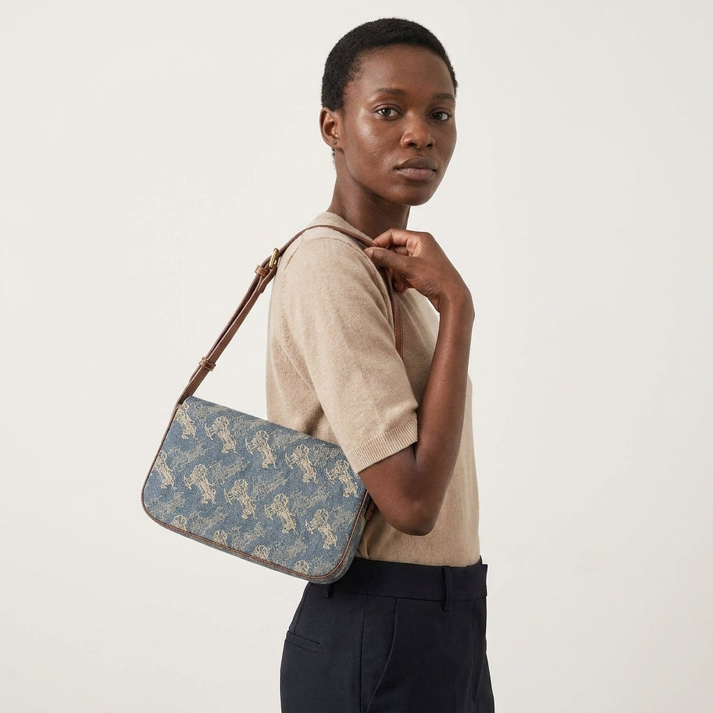 Monogram Shoulder Bag Women | Retro Print PU Baguette Bag A20