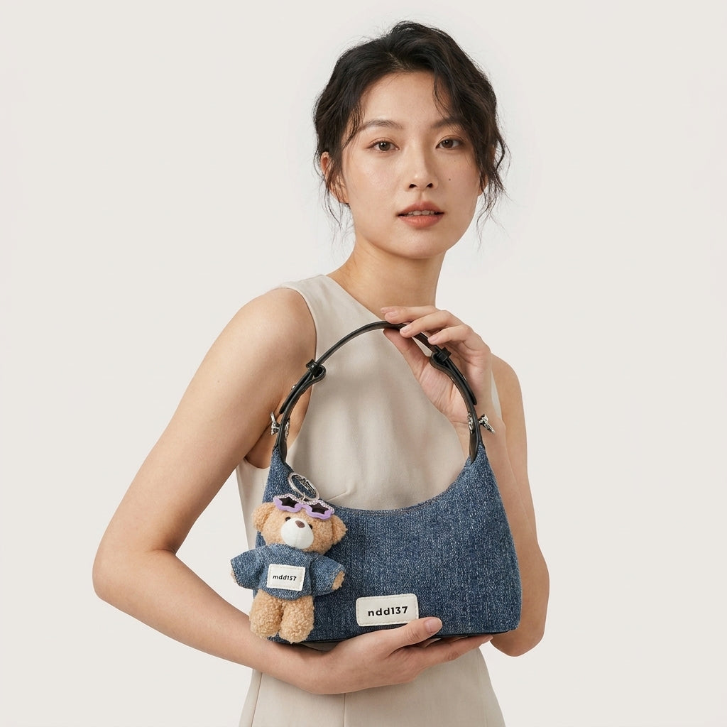 Women's Denim Shoulder Bag with Bear Charm Compact Crossbody A23