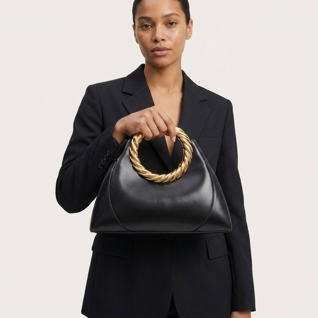 Women's Gold Ring Handle Handbag Retro Shell Satchel in Black A27