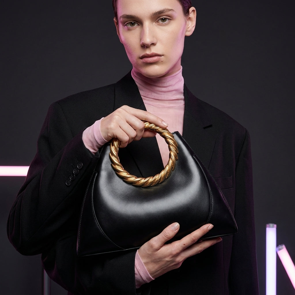 Women's Gold Ring Handle Handbag Retro Shell Satchel in Black A27