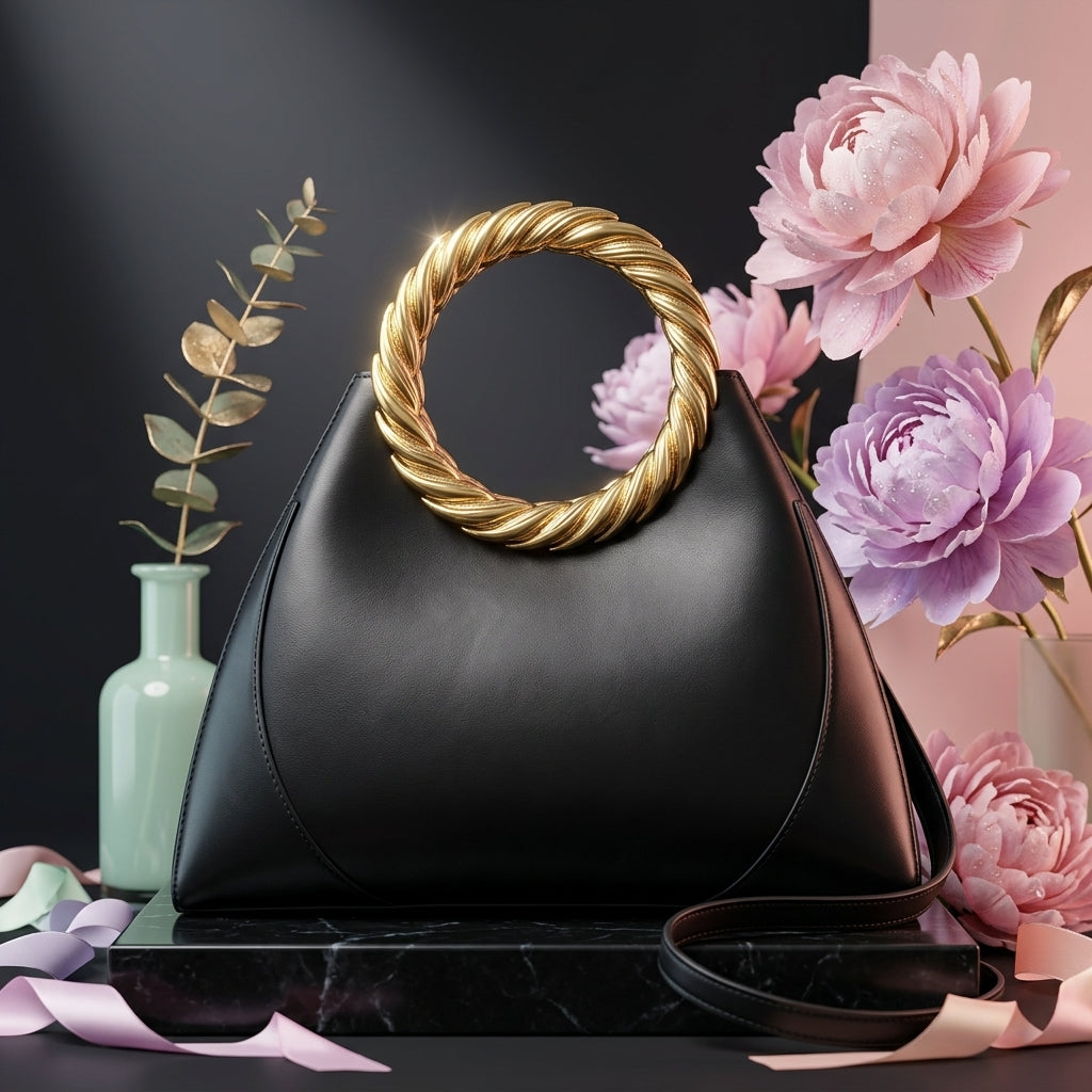 Women's Gold Ring Handle Handbag Retro Shell Satchel in Black A27