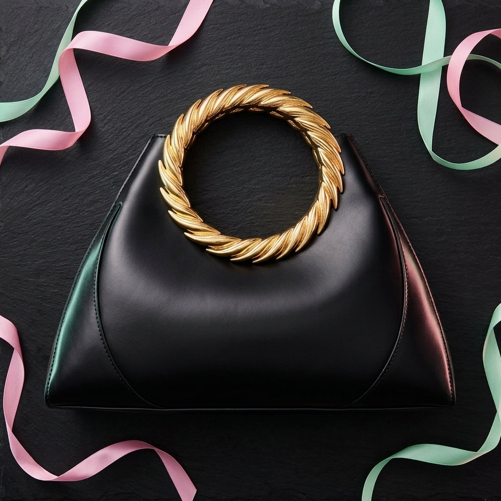Women's Gold Ring Handle Handbag Retro Shell Satchel in Black A27