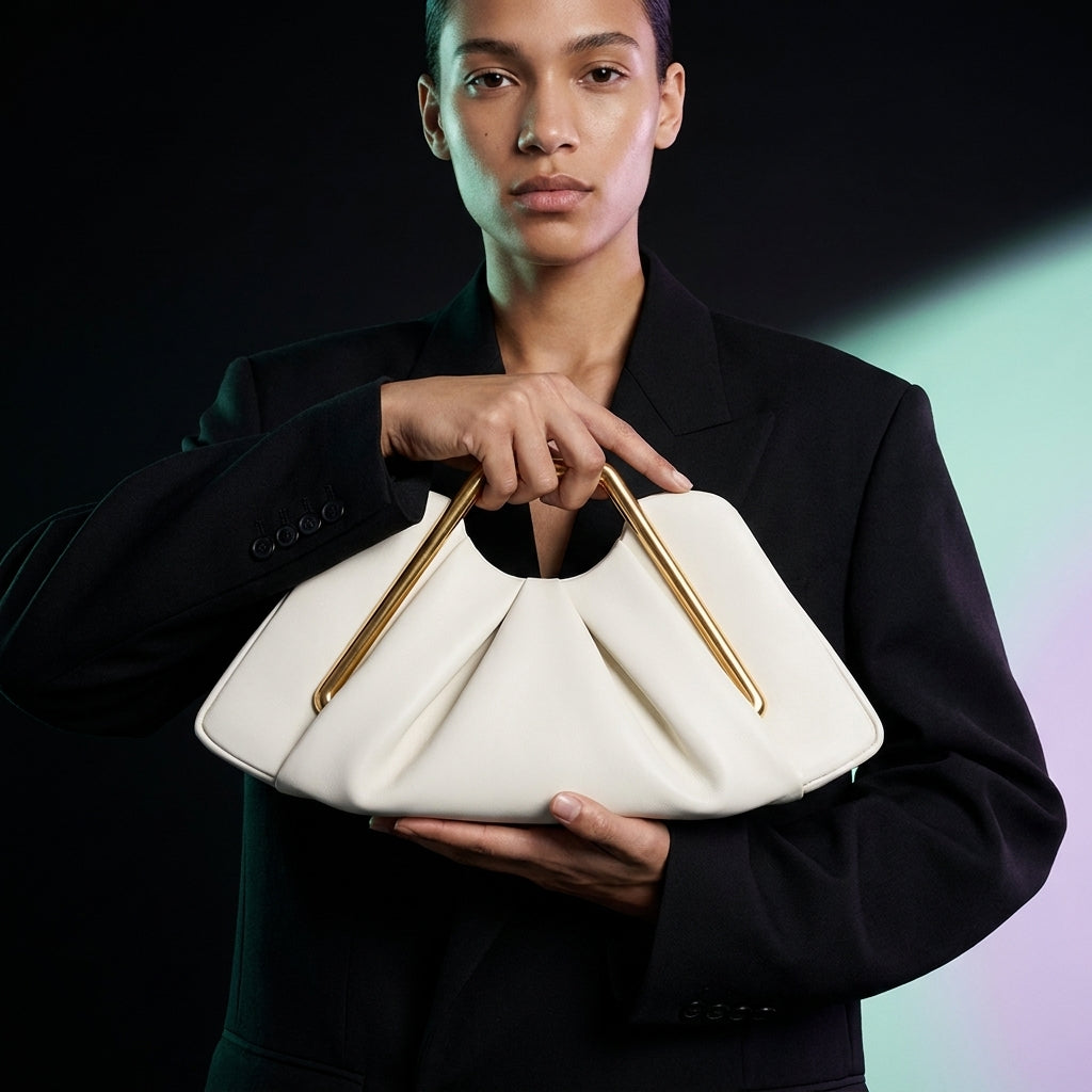Women's Cloud Clutch Bag Soft Wrinkle PU with Gold Frame Handle A34