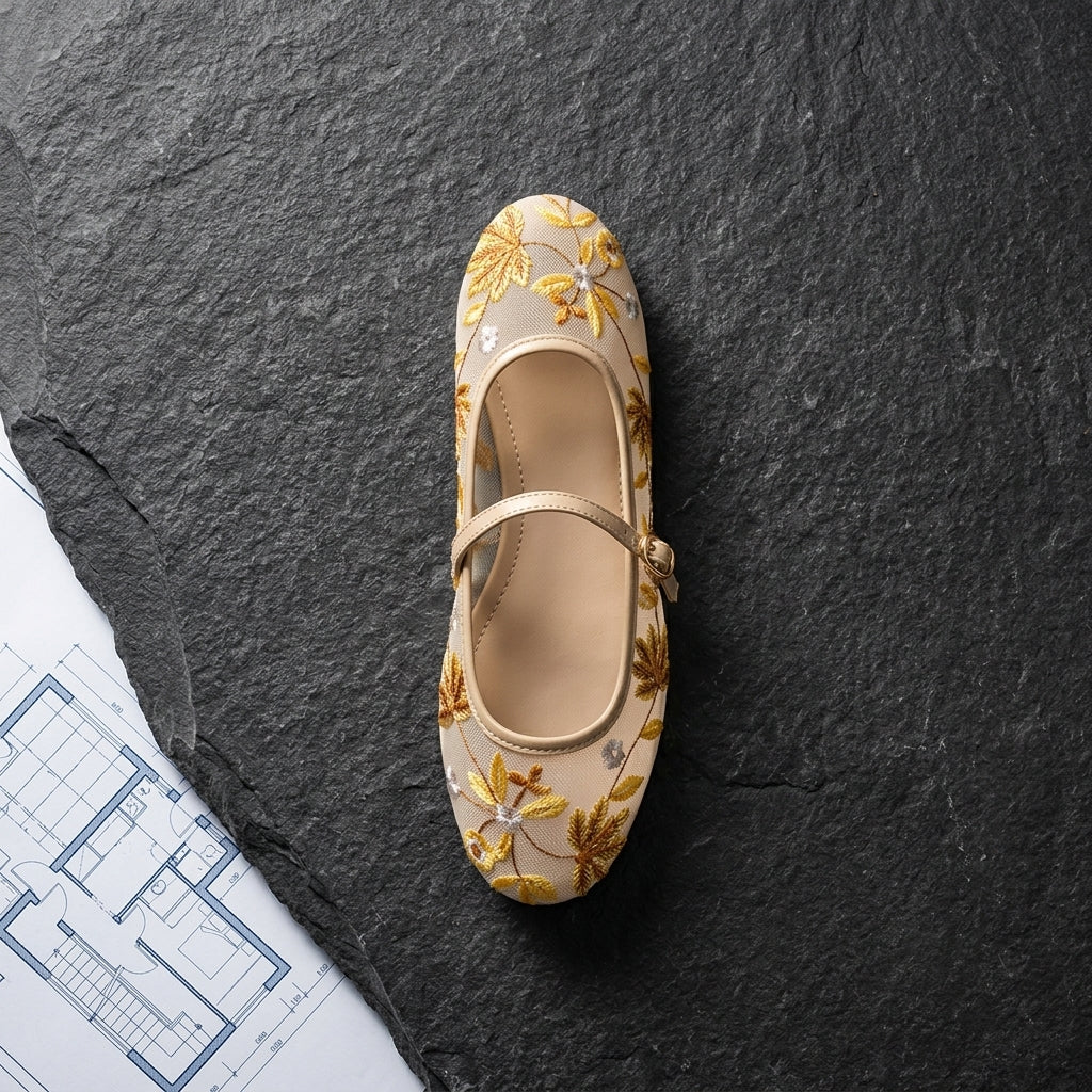Mesh Embroidery Flat Princess Shoes | Round-Toe Lightweight Flats for Women A82