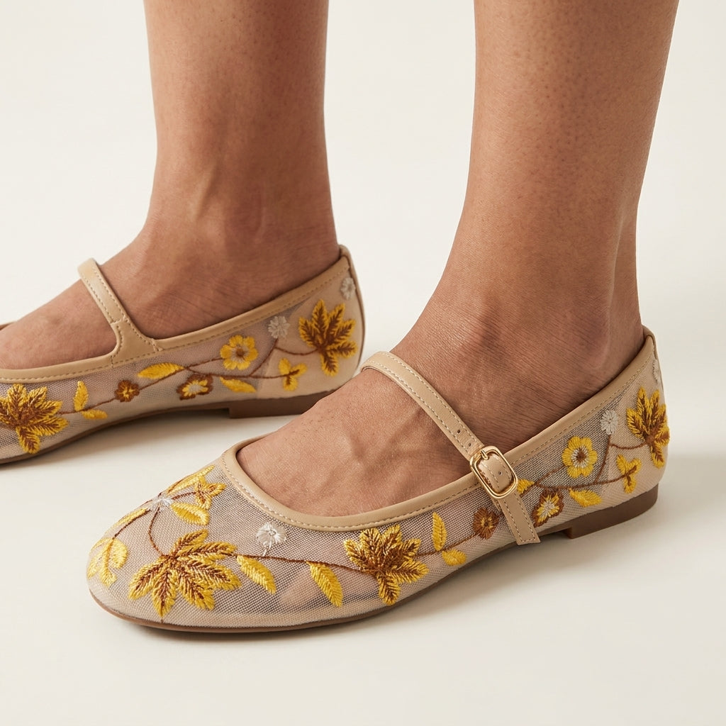 Mesh Embroidery Flat Princess Shoes | Round-Toe Lightweight Flats for Women A82