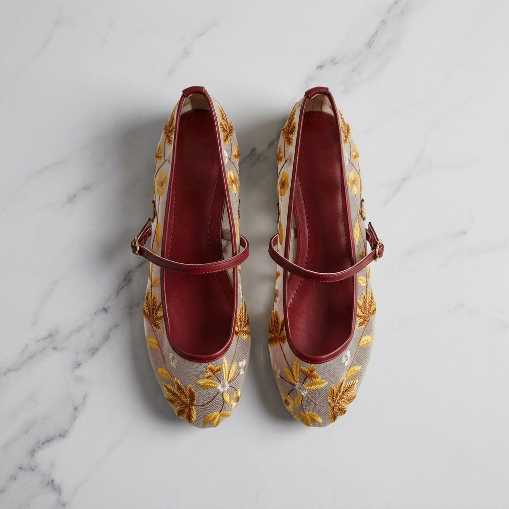 Mesh Embroidery Flat Princess Shoes | Round-Toe Lightweight Flats for Women A82