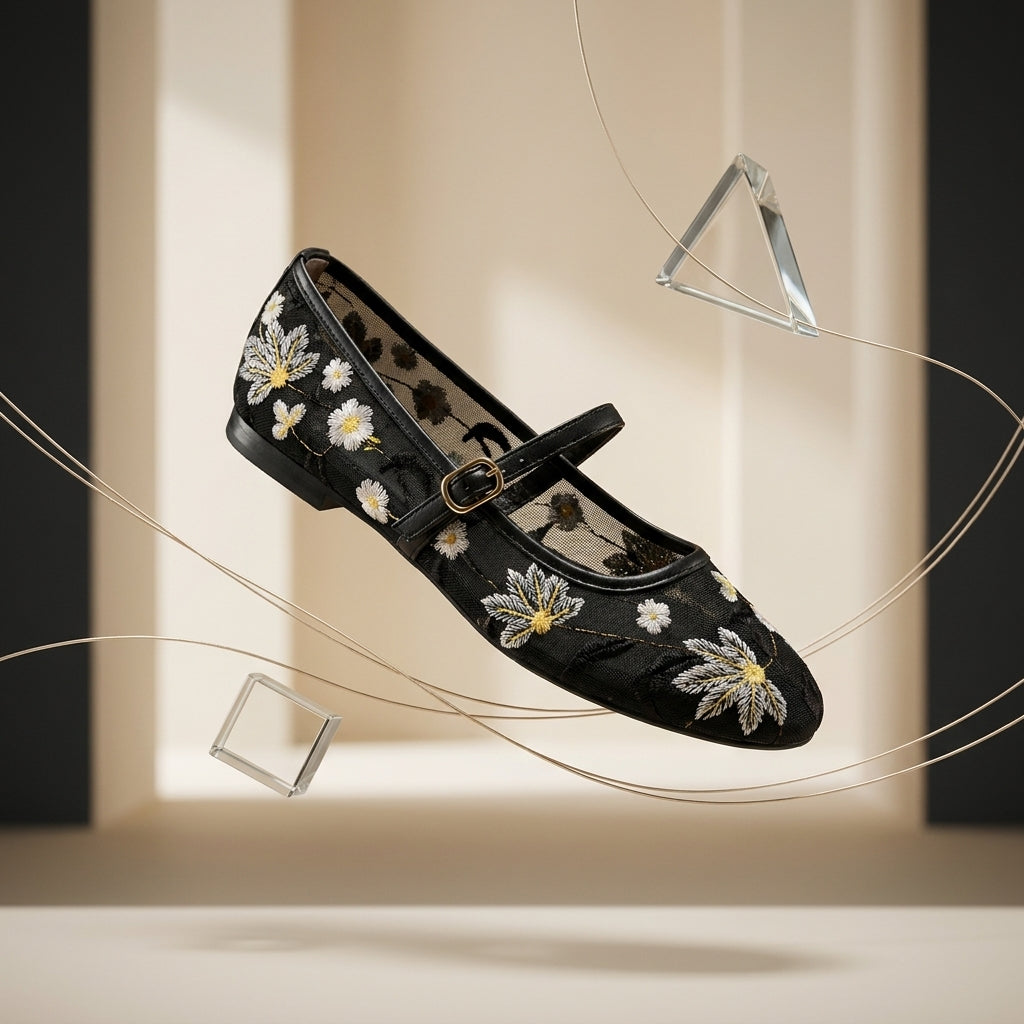 Mesh Embroidery Flat Princess Shoes | Round-Toe Lightweight Flats for Women A82