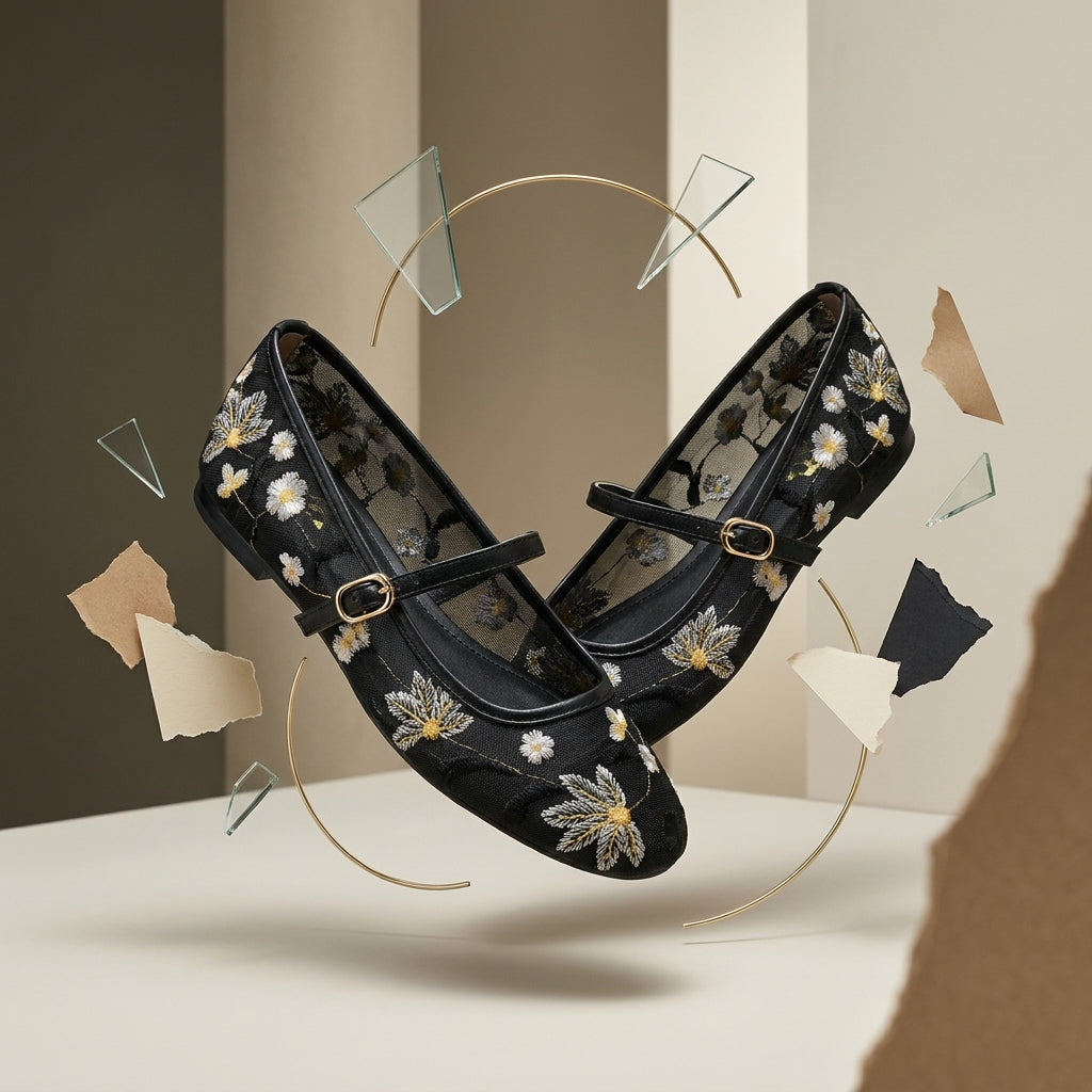 Mesh Embroidery Flat Princess Shoes | Round-Toe Lightweight Flats for Women A82