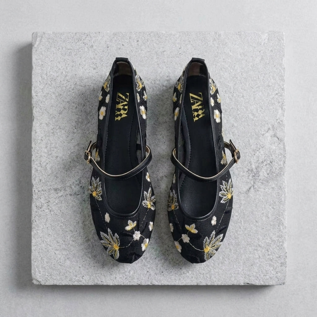 Mesh Embroidery Flat Princess Shoes | Round-Toe Lightweight Flats for Women A82