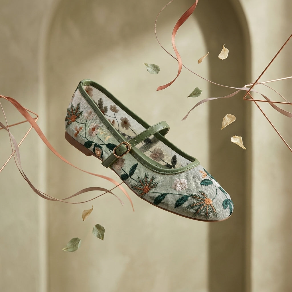 Mesh Embroidery Flat Princess Shoes | Round-Toe Lightweight Flats for Women A82