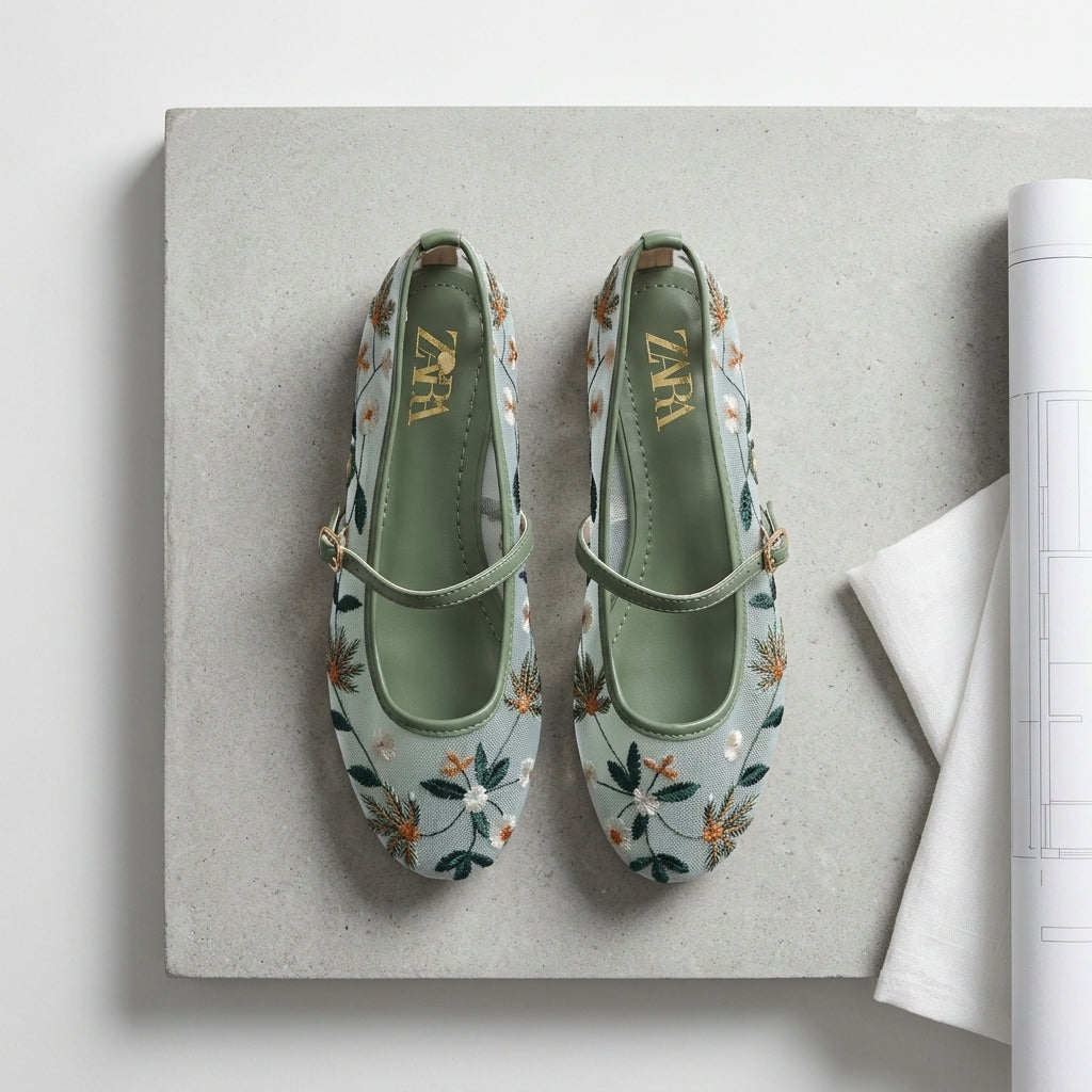 Mesh Embroidery Flat Princess Shoes | Round-Toe Lightweight Flats for Women A82