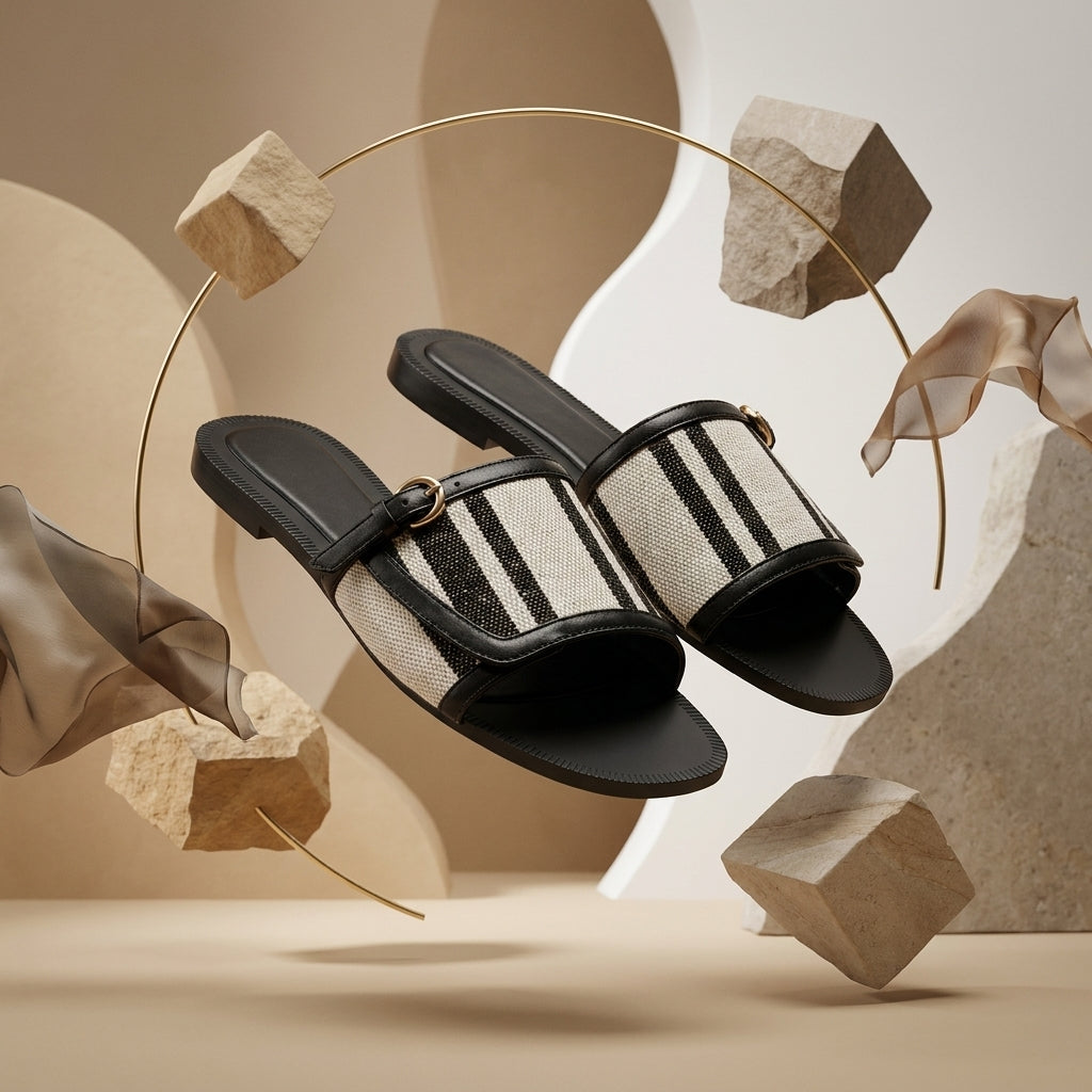 Women's Metal Buckle Flat Sandals | Round-Toe Open-Toe Slides A84