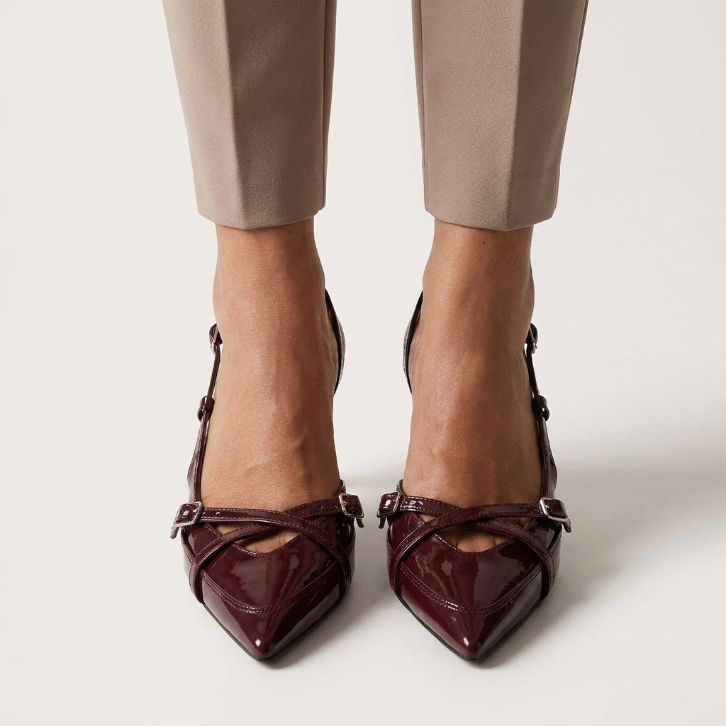 Cross Buckle Pointed-Toe Thin Heel Sandals | British Style High Heels for Women A80