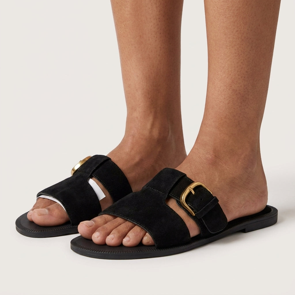 Women's Suede Belt Buckle Flat Sandals | One-Strap Slip-On Slides A85