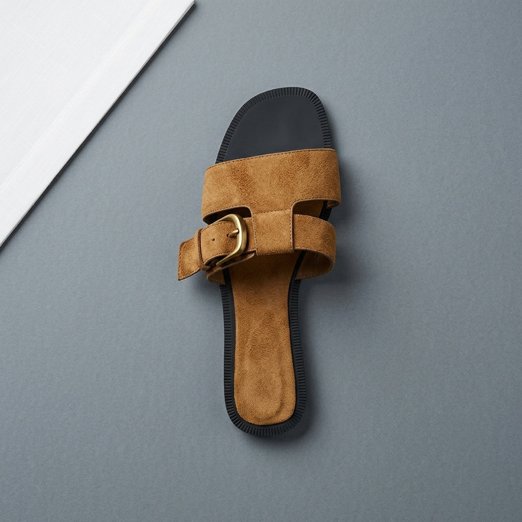 Women's Suede Belt Buckle Flat Sandals | One-Strap Slip-On Slides A85