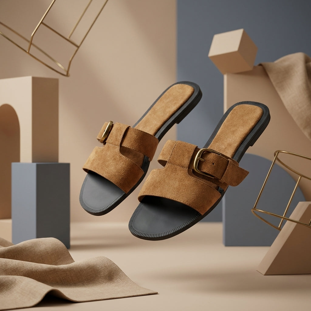 Women's Suede Belt Buckle Flat Sandals | One-Strap Slip-On Slides A85