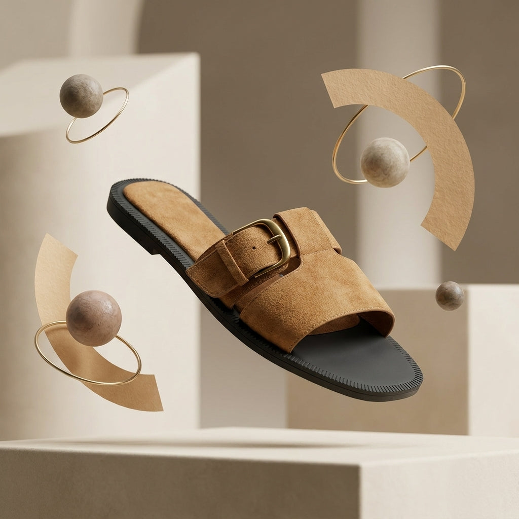 Women's Suede Belt Buckle Flat Sandals | One-Strap Slip-On Slides A85