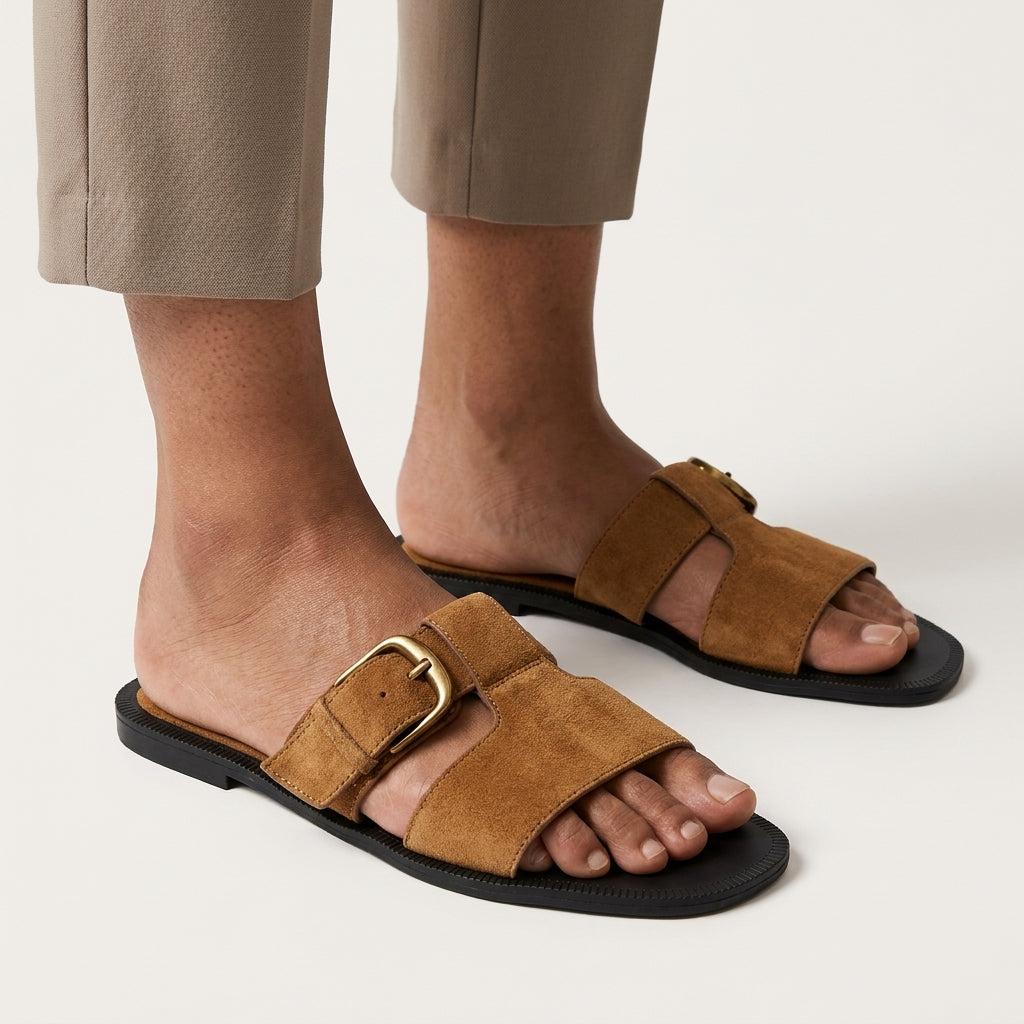 Women's Suede Belt Buckle Flat Sandals | One-Strap Slip-On Slides A85