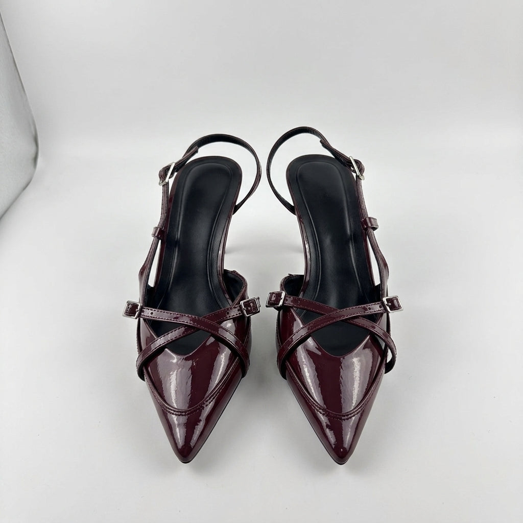 Cross Buckle Pointed-Toe Thin Heel Sandals | British Style High Heels for Women A80
