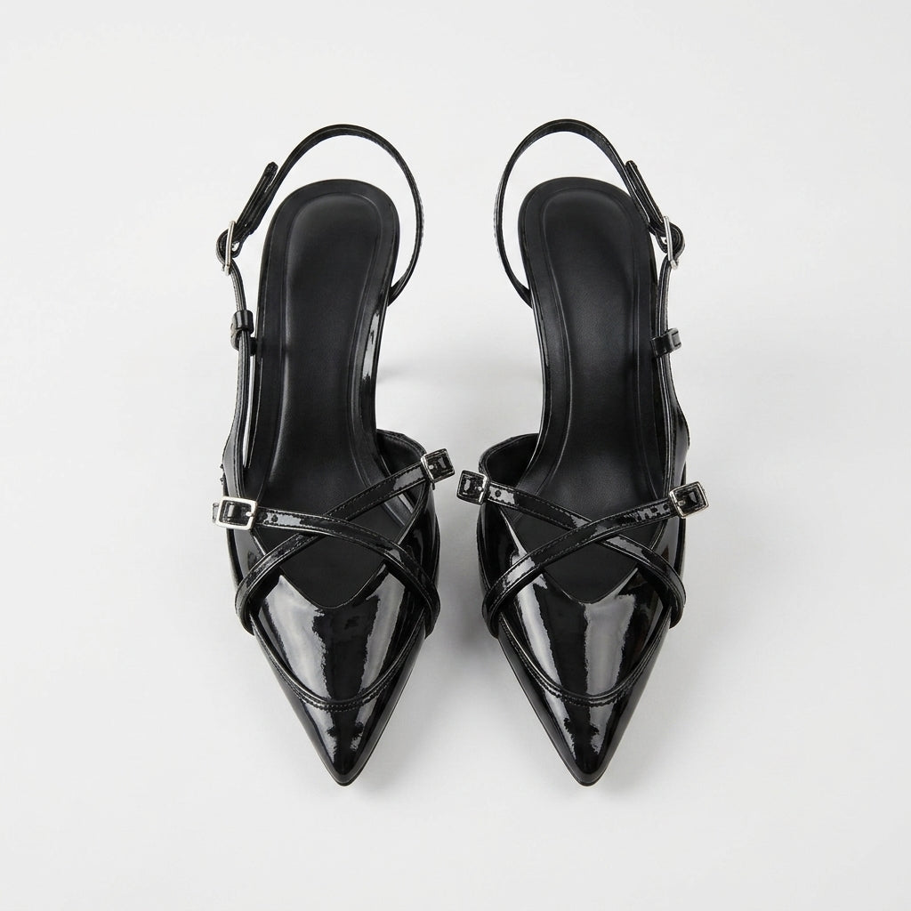 Cross Buckle Pointed-Toe Thin Heel Sandals | British Style High Heels for Women A80