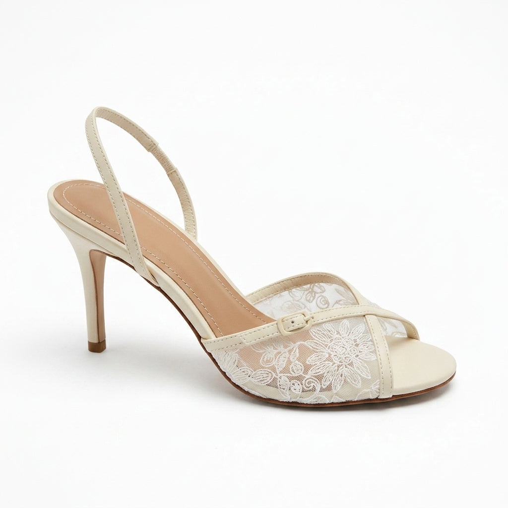 Women's French Lace Crossover Stiletto Sandals | Round-Toe Back Strap High Heels A99