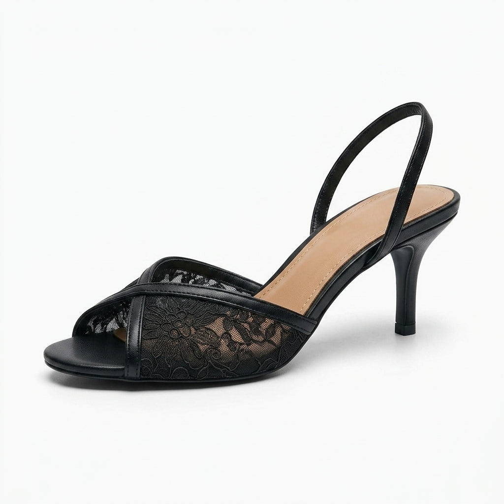 Women's French Lace Crossover Stiletto Sandals | Round-Toe Back Strap High Heels A99