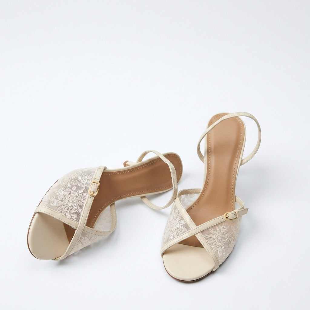 Women's French Lace Crossover Stiletto Sandals | Round-Toe Back Strap High Heels A99