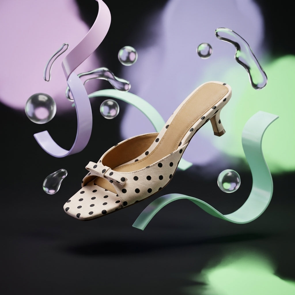 Women's Polka Dot Square-Toe Kitten Heel Sandals | French Satin One-Strap A87