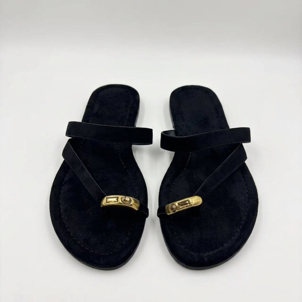 Women's Suede Thong-Toe Flat Slippers | Metal Logo Flip-Flop Sandals A90