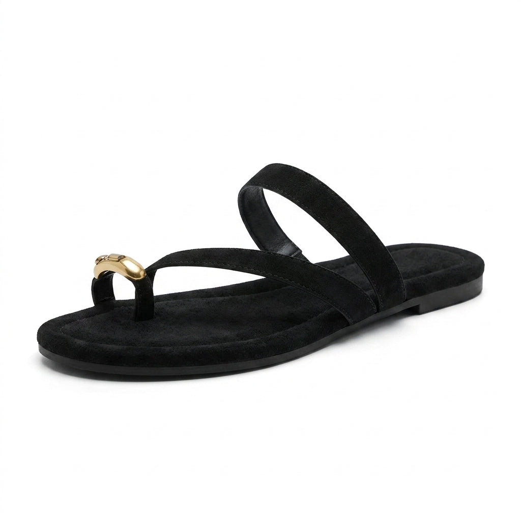 Women's Suede Thong-Toe Flat Slippers | Metal Logo Flip-Flop Sandals A90