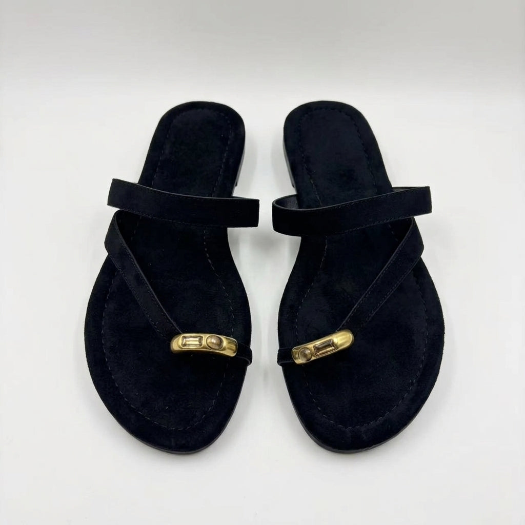 Women's Suede Thong-Toe Flat Slippers | Metal Logo Flip-Flop Sandals A90