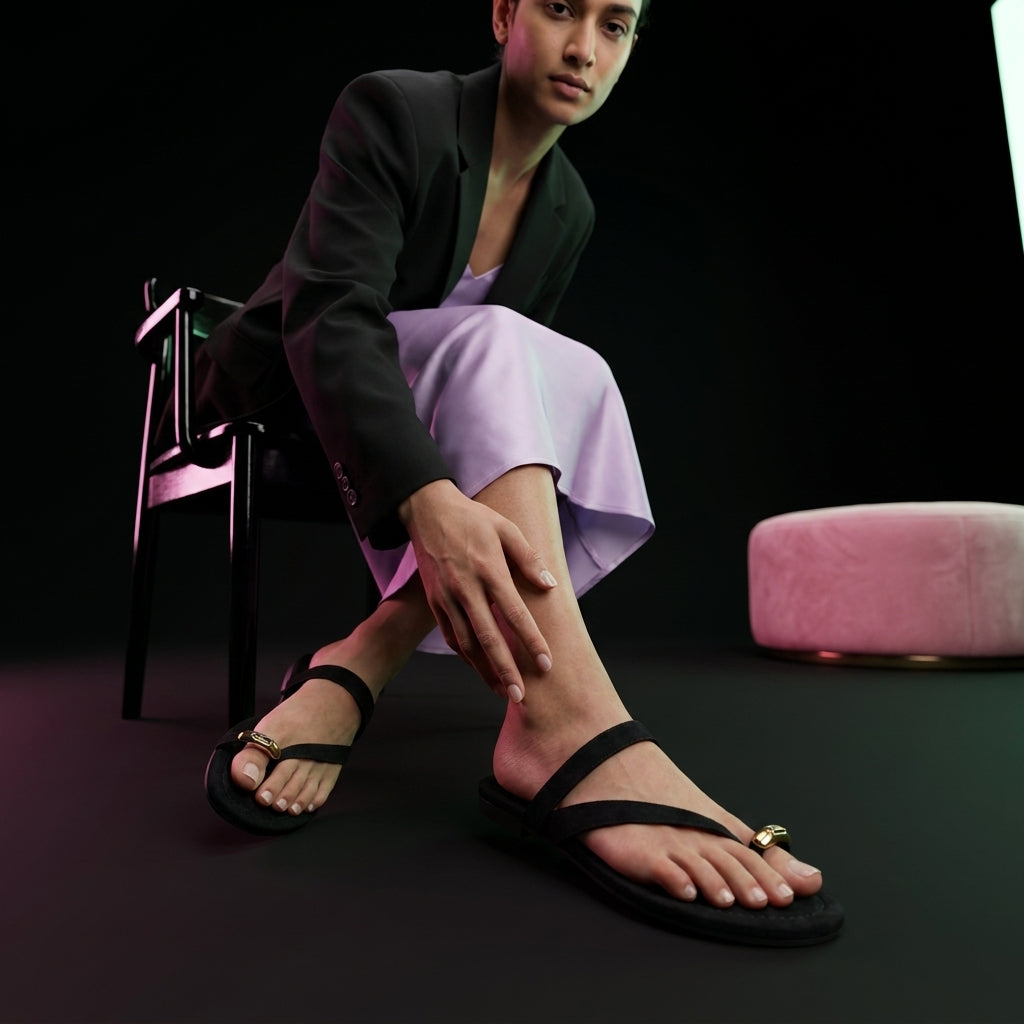 Women's Suede Thong-Toe Flat Slippers | Metal Logo Flip-Flop Sandals A90