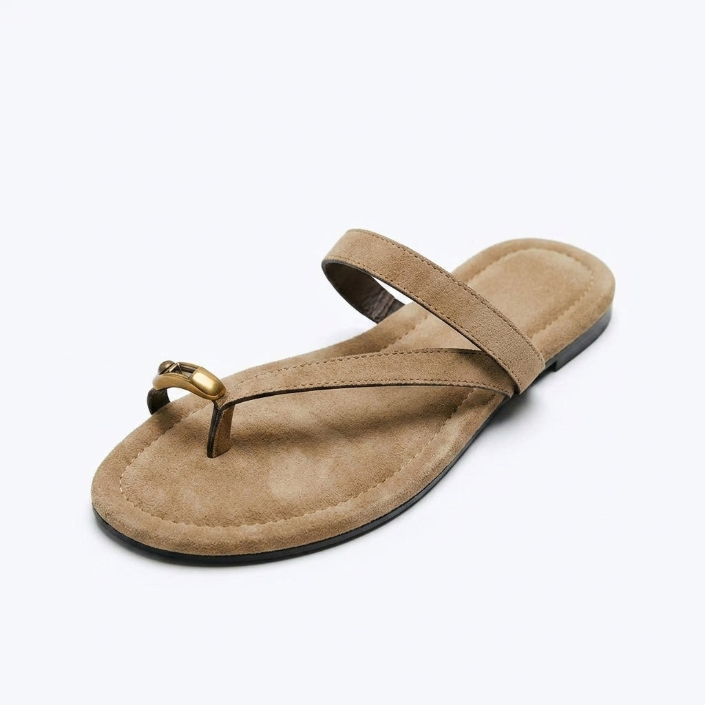 Women's Suede Thong-Toe Flat Slippers | Metal Logo Flip-Flop Sandals A90