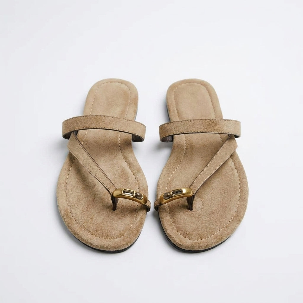 Women's Suede Thong-Toe Flat Slippers | Metal Logo Flip-Flop Sandals A90
