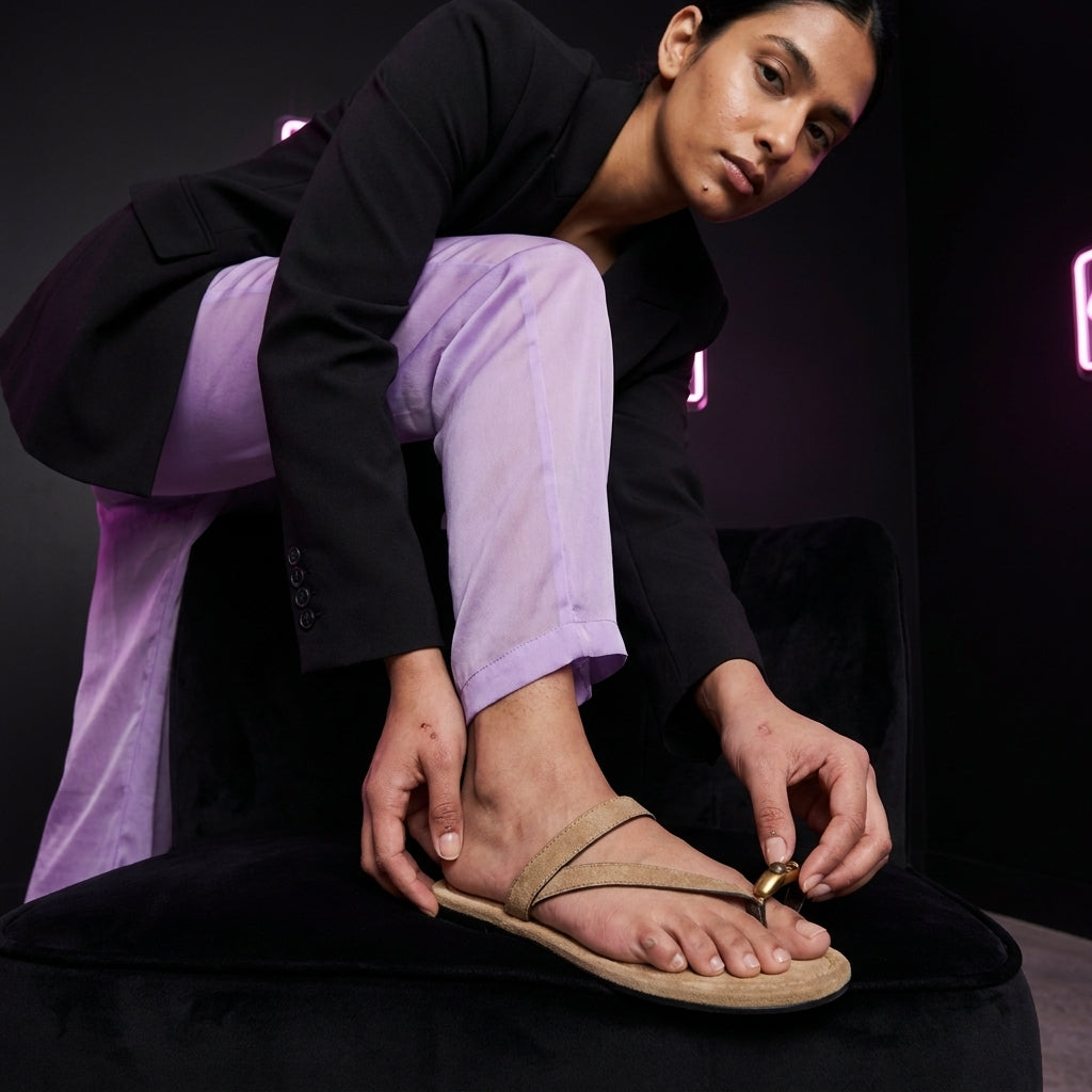 Women's Suede Thong-Toe Flat Slippers | Metal Logo Flip-Flop Sandals A90