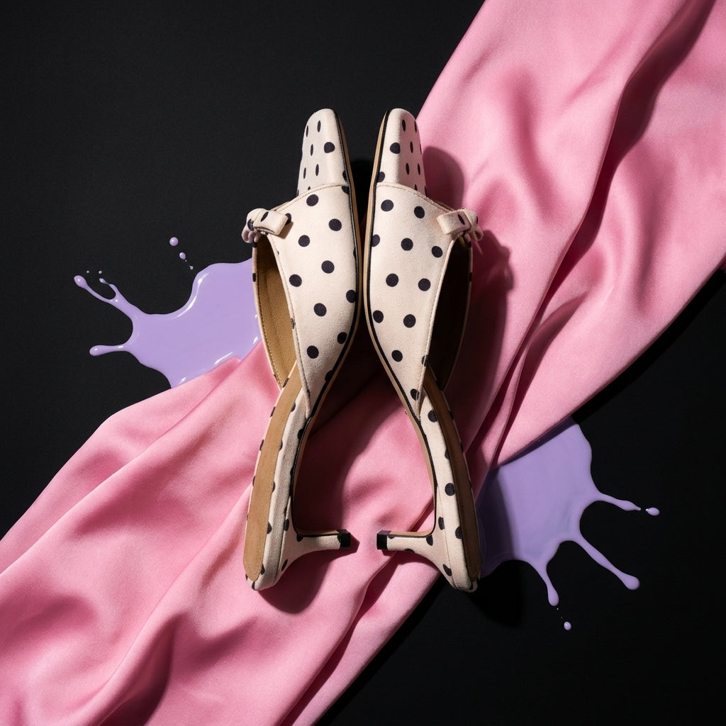 Women's Polka Dot Square-Toe Kitten Heel Sandals | French Satin One-Strap A87